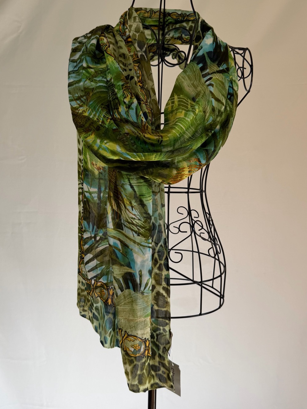 Chico's Green and Aqua Tropical Print Lightweight Scarf